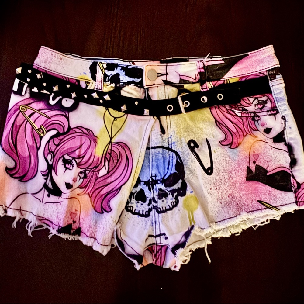 Current Mood Pink Graphic Anime Skull Denim Shorts with Studded Belt